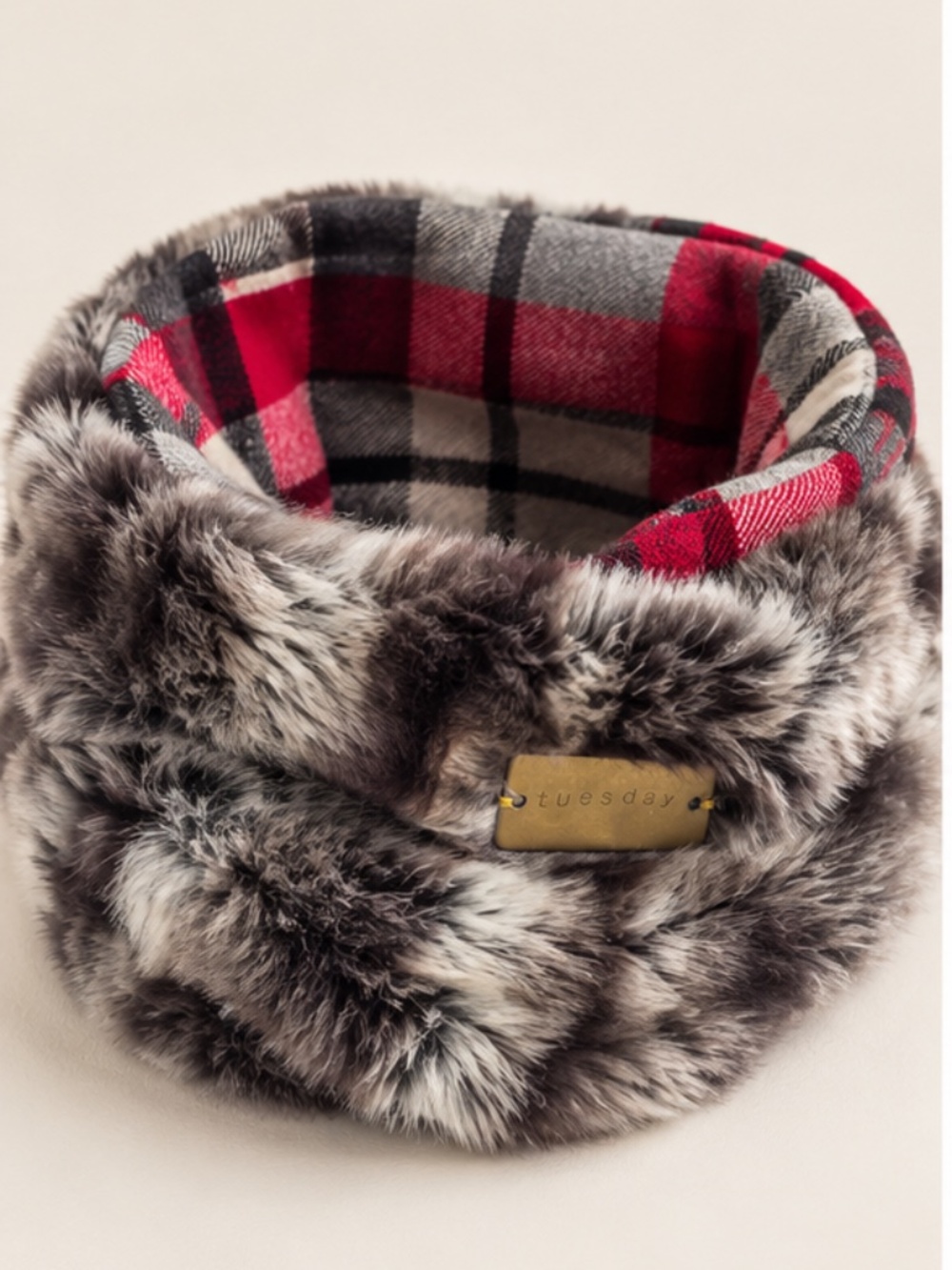 Tuesday Reversible Faux Fur Plaid Infinity Cowl Scarf